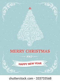 Vector hand drawn Christmas greeting card. "Merry Christmas and Happy New Year". Abstract doodle in retro style. White swirly Christmas tree on light blue background.