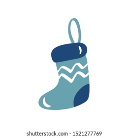 Vector hand drawn Christmas holiday blue sock isolated on white background in scandinavian style