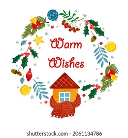 Vector hand drawn Christmas illustration decorated with house, mistletoe, branches of pine, decorations, snowflakes for printing decor, posters, banners, cards, invitations. Warm wishes