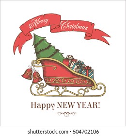 Vector Hand drawn Christmas isolated Santa's sleigh with presents and christmas tree on white. Sketch. Happy New Year