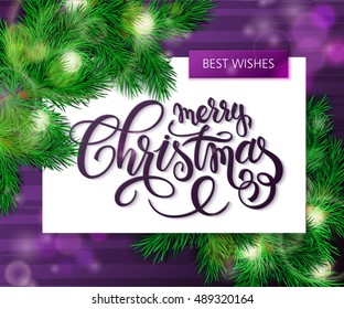 vector hand drawn christmas lettering greetings text - merry christmas- with christmas brunch on watercolor striped background