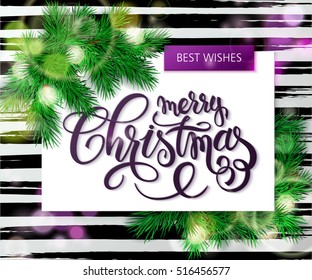 vector hand drawn christmas lettering greetings text -merry christmas - with spruce christmas brunch and bulb garland on watercolor striped background.