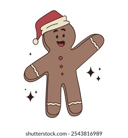 Vector hand drawn Christmas mascot happy gingerbread man in a Santa hat