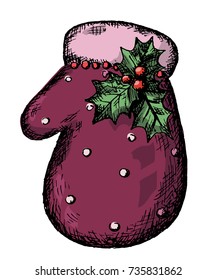 vector hand drawn christmas mitten with holly