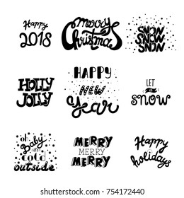 Vector hand drawn Christmas and New Year 2018 quotes and wishes. Hand draw lettering set.