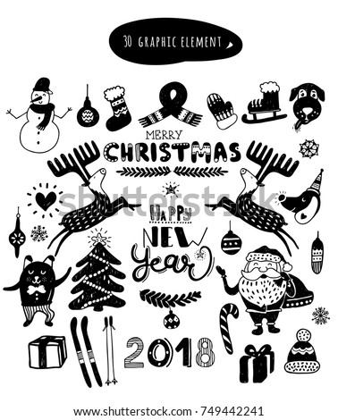 Vector hand drawn Christmas and New Year icons set. Doodle winter holidays graphic elements in nordic style. Black and white isolated icons for polygraphy, web design, logo, app, UI.