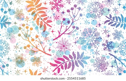 Vector hand drawn Christmas  and New-Year rainbow seamless pattern with snowflakes and stars and leaves and berry  on the white background