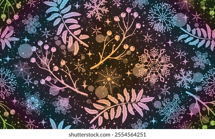 Vector hand drawn Christmas  and New-Year rainbow seamless dark pattern with snowflakes and stars and leaves and berry  