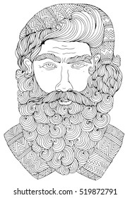 Vector hand drawn christmas portrait of hipster Santa Claus with a long curly beard. Happy New Year for coloring book. Coloring page A4 size.  