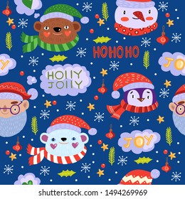 Vector hand drawn Christmas seamless pattern with snowman, Santa, bear, polar bear, penguins, stars, toys, snowflakes and lettering on the blue background. For apparel, wrapping paper, postcards