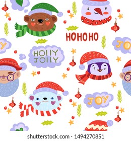 Vector hand drawn Christmas seamless pattern with snowman, Santa, bear, polar bear, penguins, stars, toys and lettering on the white background. For apparel, wrapping paper, postcards, invitations
