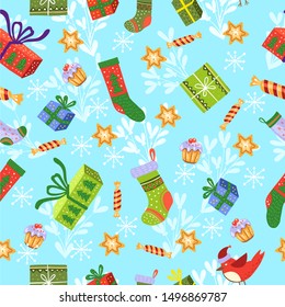 Vector hand drawn Christmas seamless pattern with mistletoe silhouette, stars, gifts, stockings, cake, candies, snowflakes, bullfinch on blue background. For wrapping paper, textile, apparel, etc
