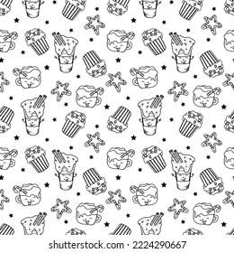 Patrón sin costuras de Navidad dibujado a mano por el vector. Fondo blanco y negro.