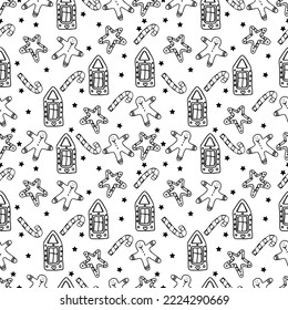 Vector hand drawn Christmas seamless pattern. Black and white background.