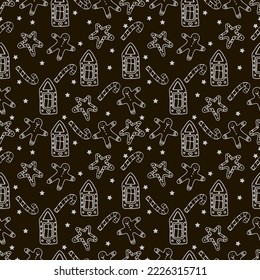 Vector hand drawn Christmas seamless pattern. Black and white background.