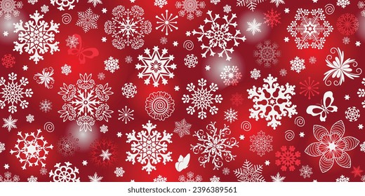 Patrón ininterrumpido de Navidad dibujado a mano con copos de nieve y estrellas en el fondo rojo de la cuchara	
