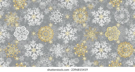 Vector hand drawn Christmas seamless pattern with glitter golden and white snowflakes and stars on the silvery background