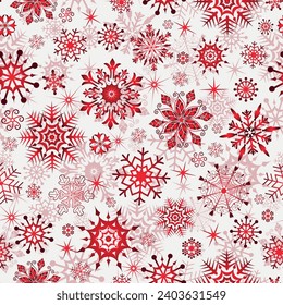 Vector hand drawn Christmas seamless pattern with red gradient snowflakes on a white background