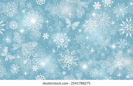 Vector hand drawn Christmas seamless pattern with doodle snowflakes  and stars snd butterflies on a blue background with gradient spots	
