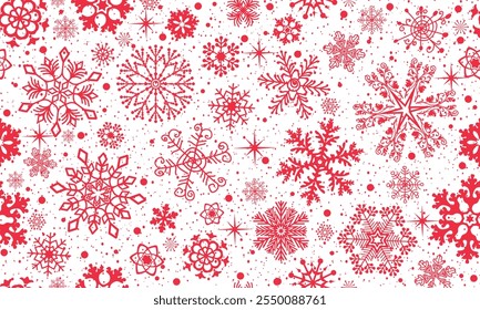 Vector hand drawn Christmas seamless pattern with red monochrome snowflakes and stars on the transparent background