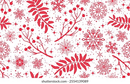 Vector hand drawn Christmas seamless pattern with red monochrome snowflakes and stars and leaves and berry  on the transparent background