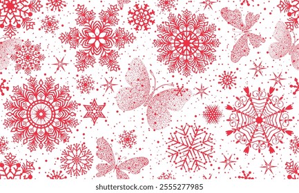 Vector hand drawn Christmas seamless pattern with red monochrome snowflakes and stars and dotted butterflies on the transparent background