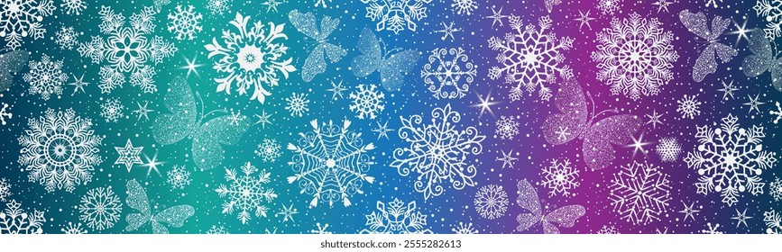 Vector hand drawn Christmas seamless colorful pattern with snowflakes and stars and dotted butterflies on the gradient background