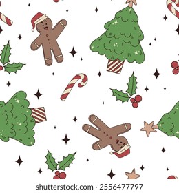 vector hand drawn christmas seamless pattern with gingerbread mans, christmas trees, candy canes and holly berries on white background