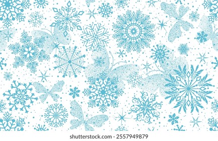 Vector hand drawn Christmas seamless pattern with blue monochrome snowflakes and stars and dotted butterflies on the transparent background