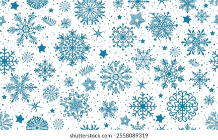 Vector hand drawn Christmas seamless pattern with blue monochrome snowflakes and stars on the transparent background