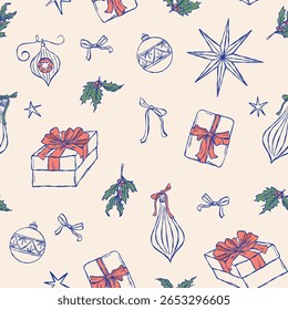 Vector dibujado a mano Navidades patrón sin fisuras de decoraciones, cajas de regalo y arcos, ramitas de acebo en estilo retro