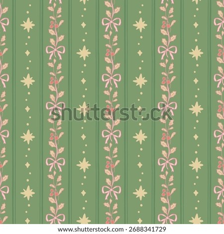 Vector hand drawn christmas seamless pattern, holly leaf and star.	