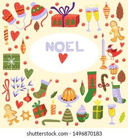 Vector hand drawn Christmas set with holiday elements. For season greetings, cards, tags, banners. 