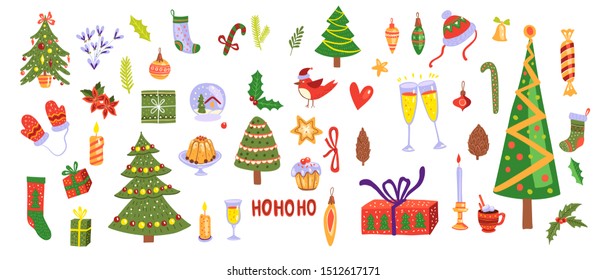 Vector hand drawn Christmas set with holiday elements. For season greetings, cards, tags, banners.
