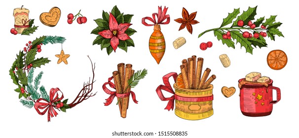 Vector hand drawn Christmas set in engraving stylle with holiday elements. For season greetings, cards, tags, banners.