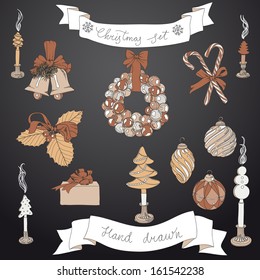 Vector hand drawn christmas set. Vintage Illustration with christmas tree, garland,  christmas bells,candles, gifts and candy cane