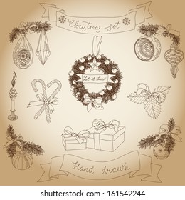 Vector hand drawn christmas set. Vintage Illustration with christmas tree, garland,  christmas bells,candles, gifts and candy cane