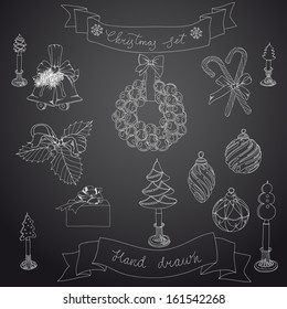 Vector hand drawn christmas set. Vintage Illustration with christmas tree, garland,  christmas bells,candles, gifts and candy cane