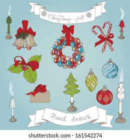 Vector hand drawn christmas set. Vintage Illustration with christmas tree, garland,  christmas bells,candles, gifts and candy cane