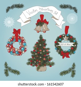 Vector hand drawn christmas set. Vintage Illustration with christmas tree, garland and christmas bells
