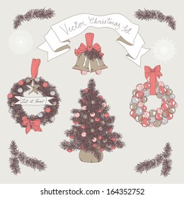 Vector hand drawn Christmas set. Vintage Illustration with Christmas tree, garland, Christmas bells.