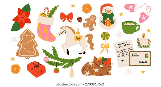 Vector hand drawn Christmas sticker pack. Holiday elements - gift box, snowman, tree ornaments, cookies. Christmas design elements
