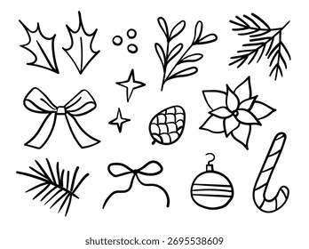 Vector dibujado a mano Navidad temática garabatos negro arte de línea - ramas, arcos, adornos, hojas