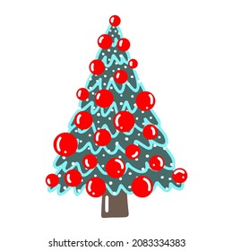 Vector hand drawn Christmas tree isolated on white background icon. Funny and cute doodle vintage illustration for seasonal design, textile, decoration for greeting card. Spruce with new year garland.