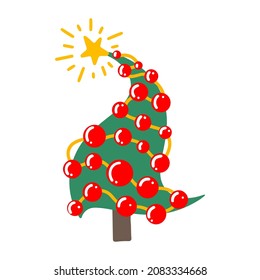 Vector hand drawn Christmas tree isolated on white background icon. Funny and cute doodle vintage illustration for seasonal design, textile, decoration for greeting card. Spruce with new year garland.