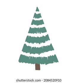 Vector hand drawn Christmas tree isolated on white background icon. Abstract doodle drawing woods. Decorative vintage fir tree for seasonal design, greeting card. Scribble spruce with new year garland