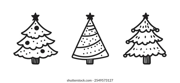 Conjunto de Ícones de Árvore de Natal Desenhado à Mão Vetor