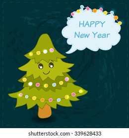 Vector hand drawn Christmas tree. Cute green tree with flashlights