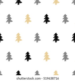 Vector hand drawn Christmas tree, fir seamless pattern in modern, ethnic tribal style for textile, fabric, wallpaper design. Abstract background illustration
