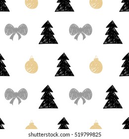 Vector hand drawn Christmas tree, gift ball seamless pattern in ethnic tribal style for textile, fabric, wallpaper design. Abstract background illustration.